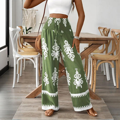 Elegant Women's High-Waisted Wide-Leg Pants With White Geometric Print Fashionable & Casual Summer Trousers