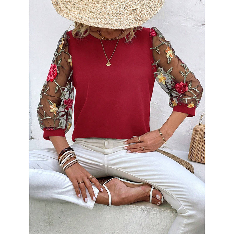 Women’s Floral Embroidered Mesh Puff Sleeve Crew Neck Tee Top