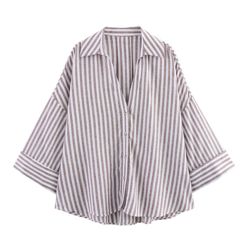 Women's Striped Lapel Shirt - Casual Wide Sleeve Blouse for All-Matching Outfits