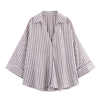 Women's Striped Lapel Shirt - Casual Wide Sleeve Blouse for All-Matching Outfits