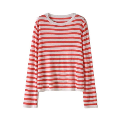 Women's Minimalist Striped Breathable Round Neck Long Sleeved Shirt