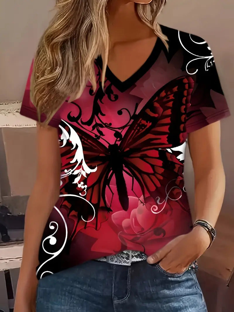 Women's V-Neck Short Sleeve T-Shirt – Comfortable Fashion Tee with Animal & Plant Print