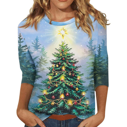 Women's Christmas T-Shirt – Festive 3/4 Sleeve Round Neck Holiday Top
