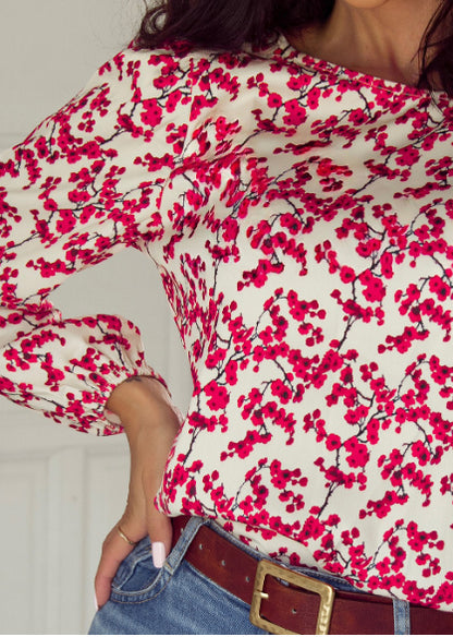 Red Floral Print Long Sleeve Open Back Blouse